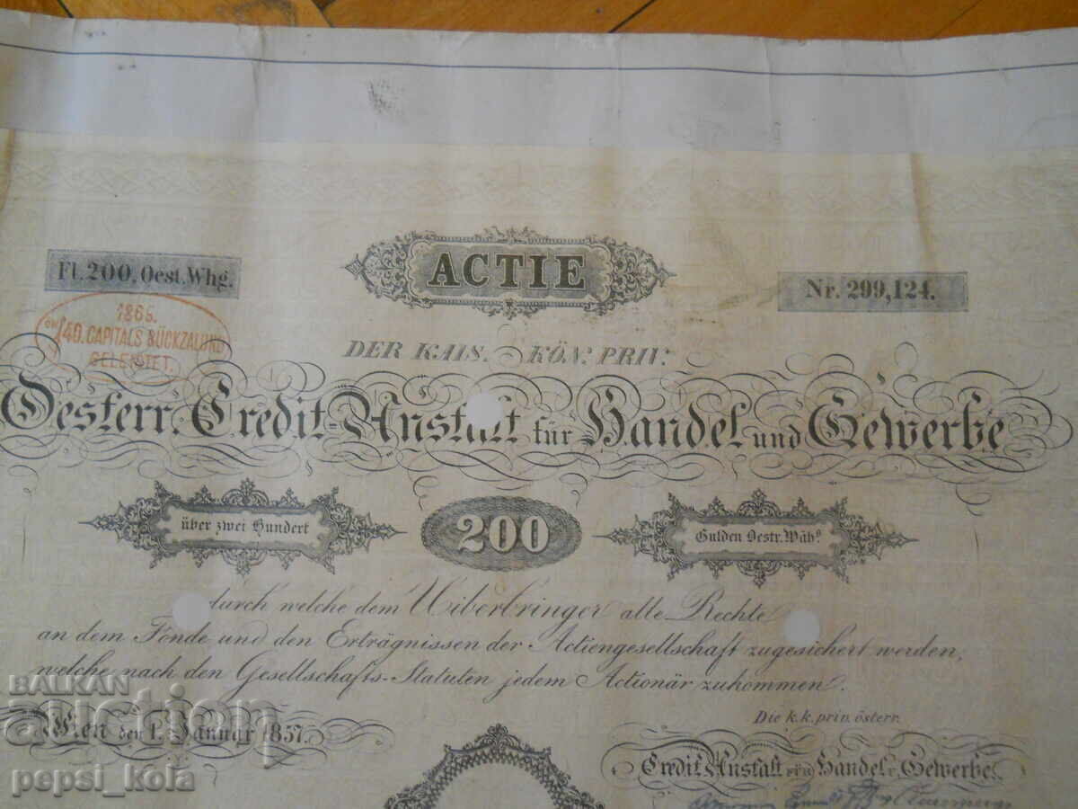 Παλαιό αυστριακό μετοχή από το 1857 με τιμή € 50.00 | 97.79 BGN