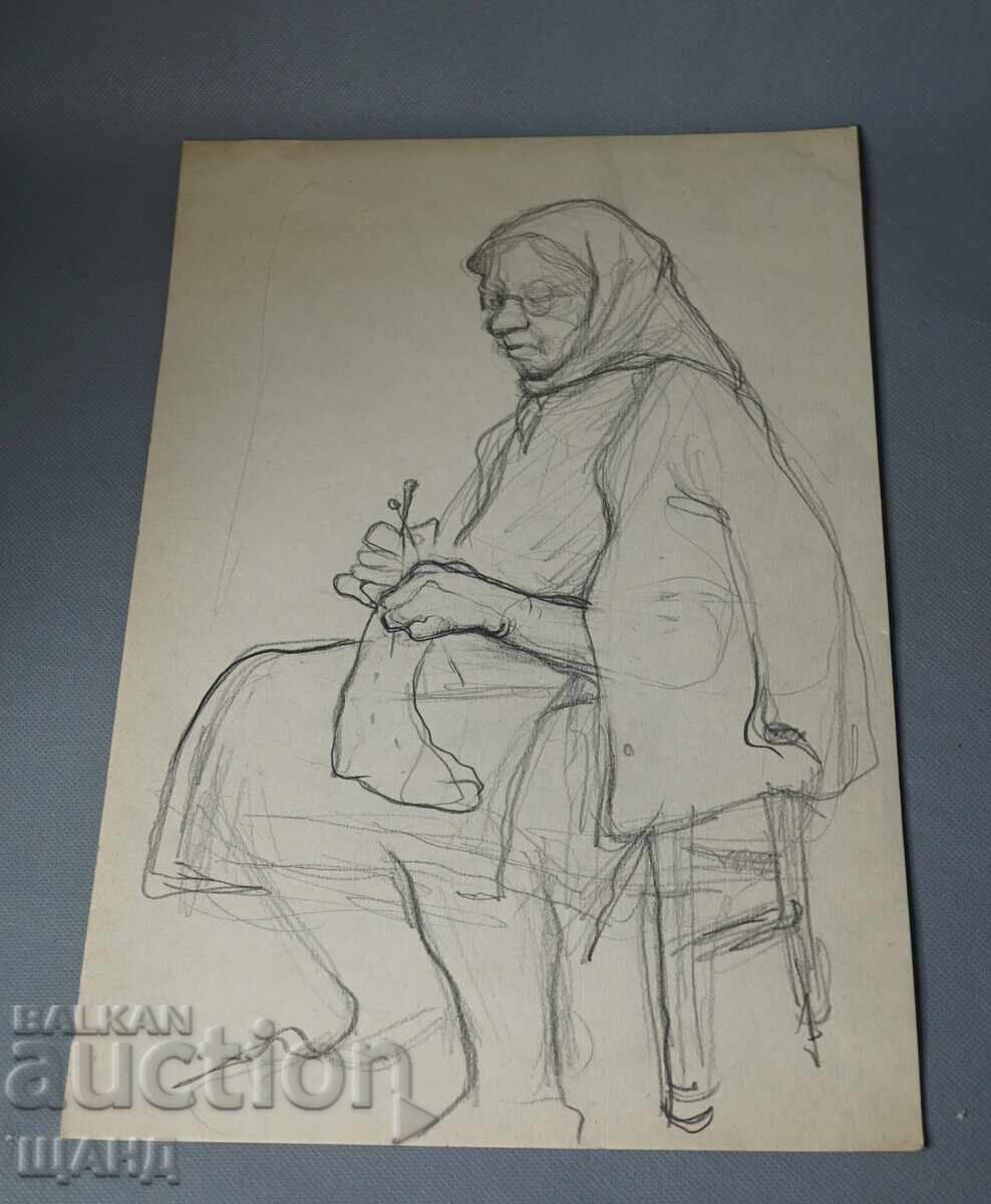 Стара Майсторска рисунка молив жена плете чорапи