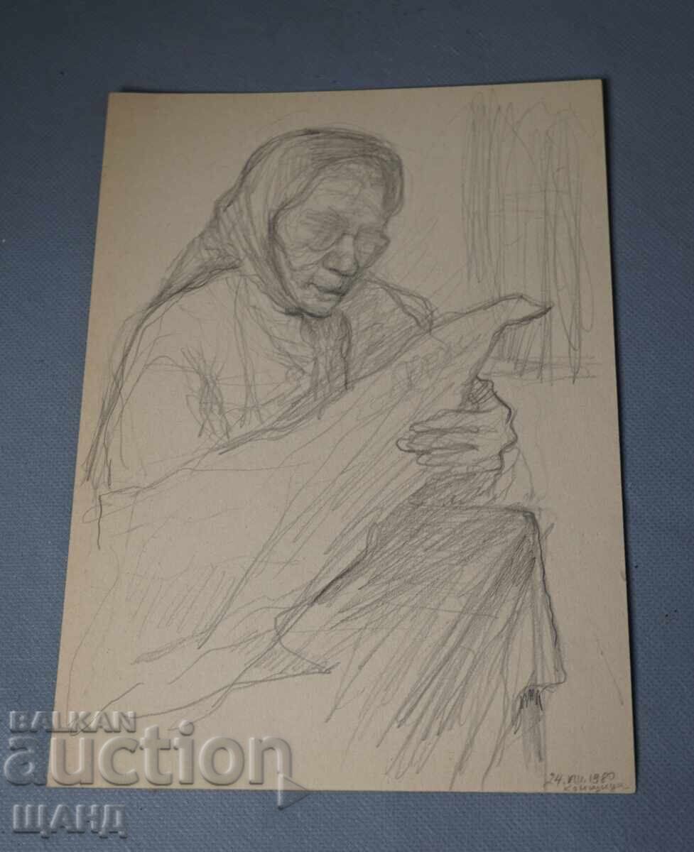 Аукцион Стара Майсторска двойна рисунка молив жена плете чорапи