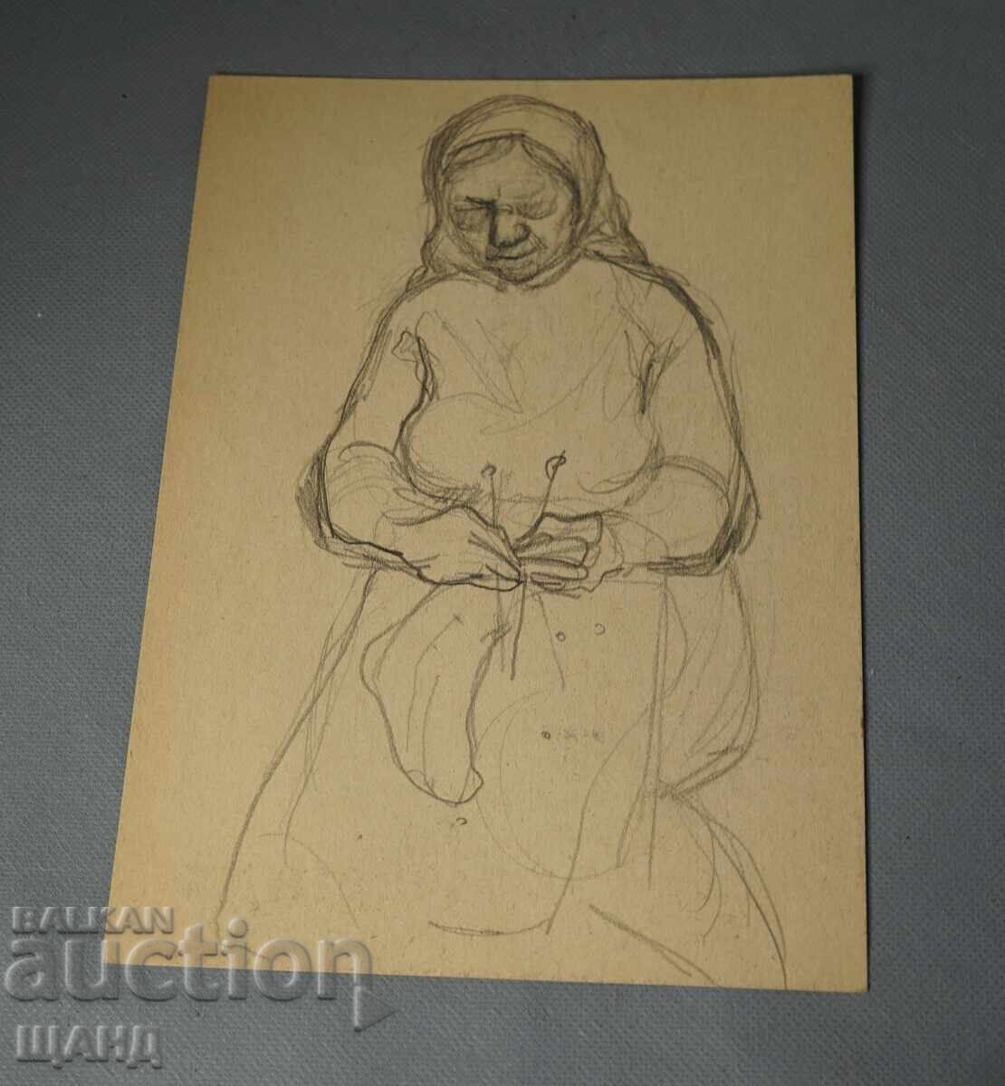 Стара Майсторска двойна рисунка молив жена плете чорапи