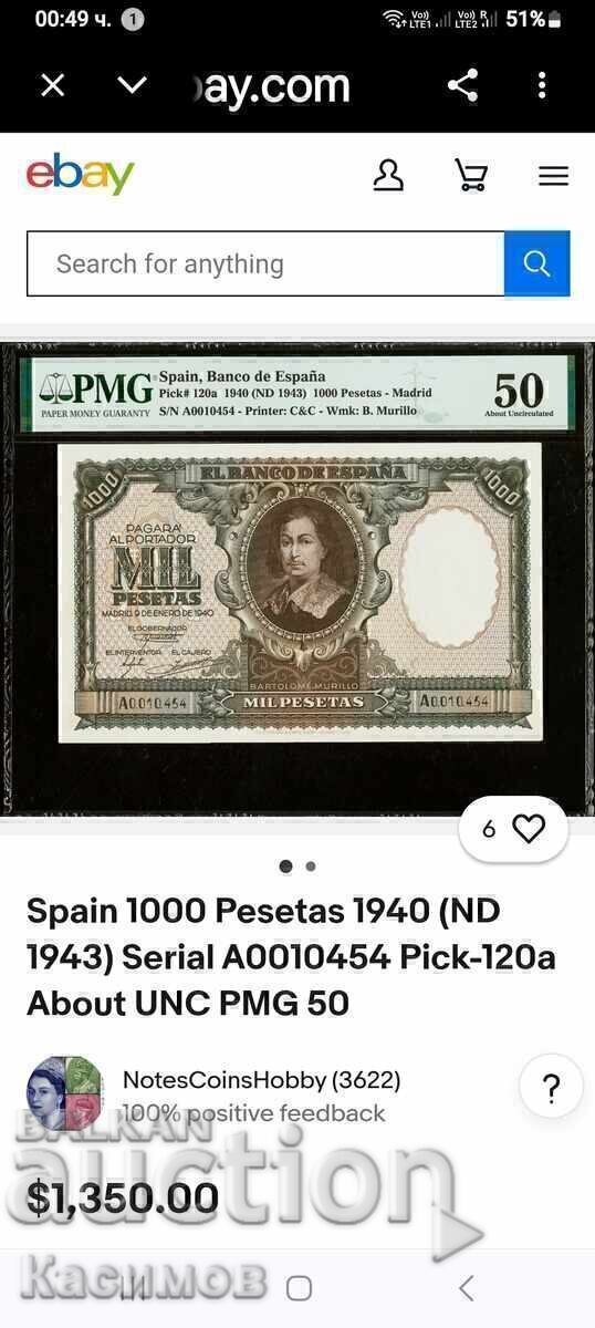 Delivery of Unique rare banknote from Spain 1000 Pesetas 1940