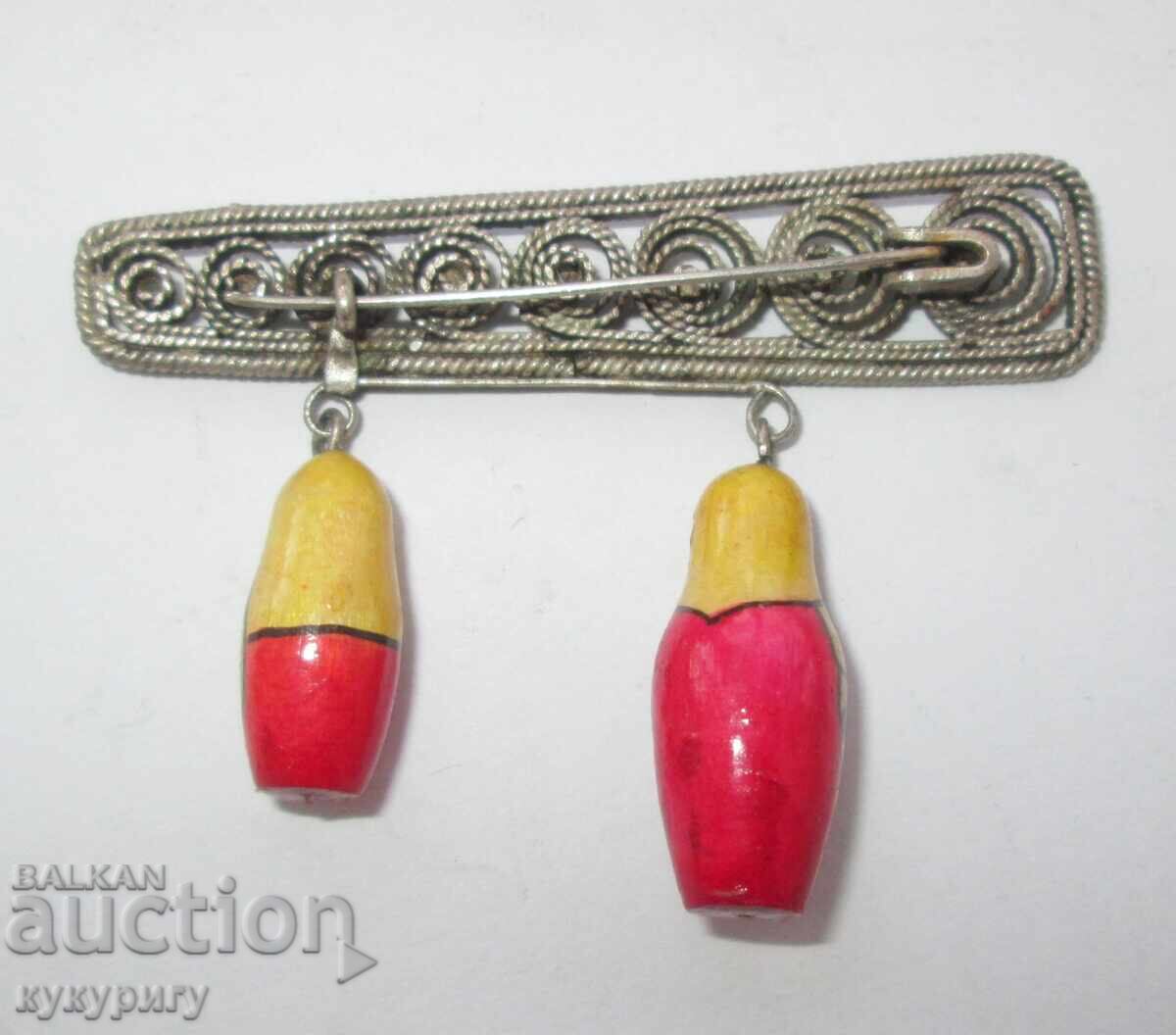 Delivery of Old Russian filigree brooch with matryoshka dolls, handmade