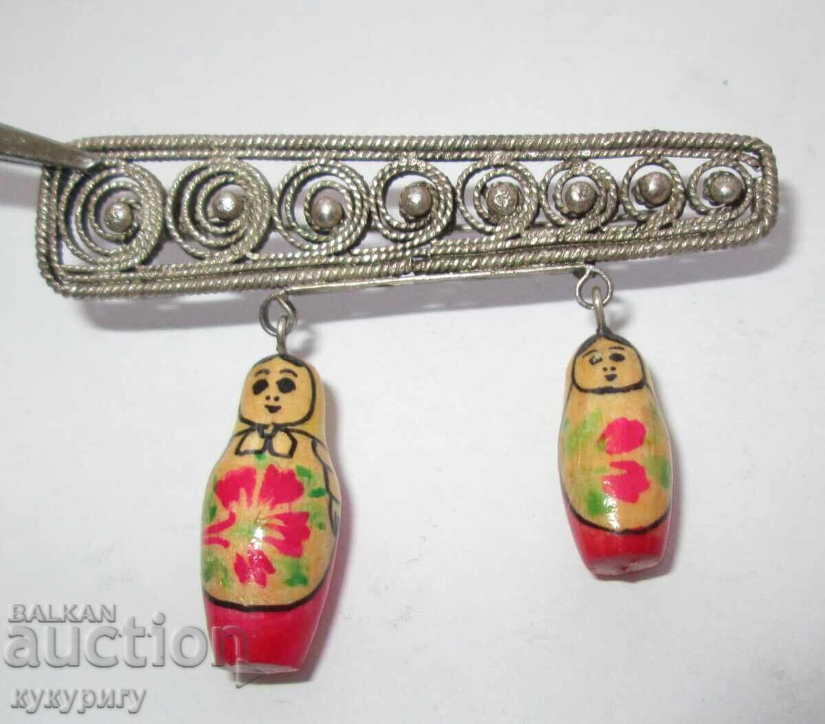 Old Russian filigree brooch with matryoshka dolls, handmade - 5
