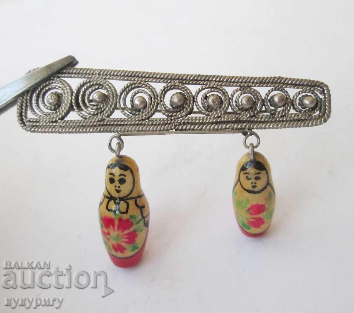 Old Russian filigree brooch with matryoshka dolls, handmade