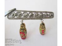 Old Russian filigree brooch with matryoshka dolls, handmade