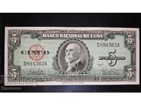 UNC. Bancnotă veche de colecție din Cuba 5 Pesos 1960