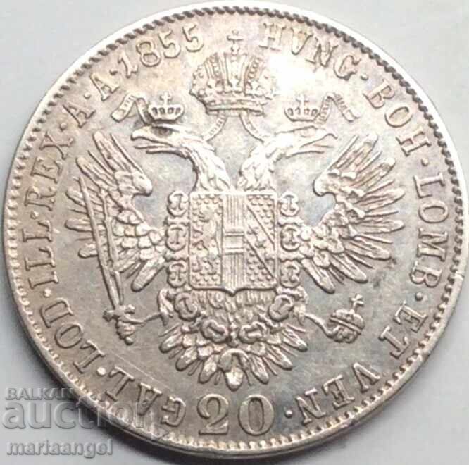 20 кройцера 1855 Австрия Франц Йозеф сребро Патина-  рядк! с цена € 69.00 | 134.95 лв.
