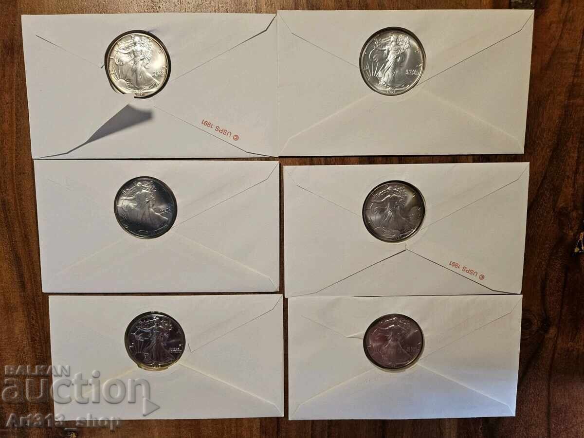 6 x American Silver Eagle 1991 - 1 ounce .999 silver with price € 160.00 | 312.93 BGN