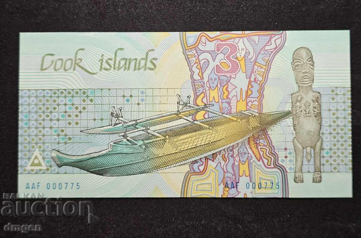 3 Dollars Cook Islands 1987 UNC SN 000775 3 Dollars Cook Islands 1987 UNC SN 000775