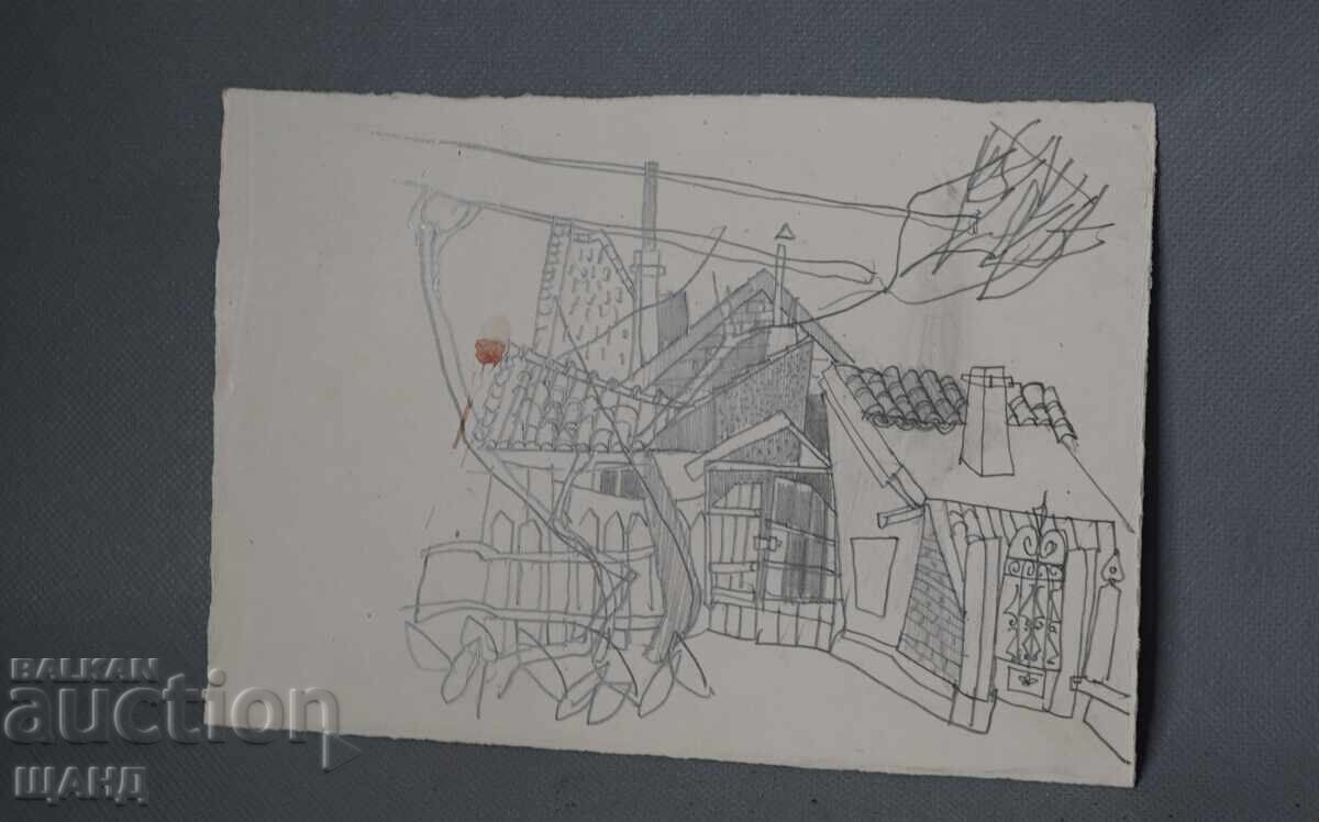 1977 Desen original în tuș de Stefan Katsarov, peisaj urban