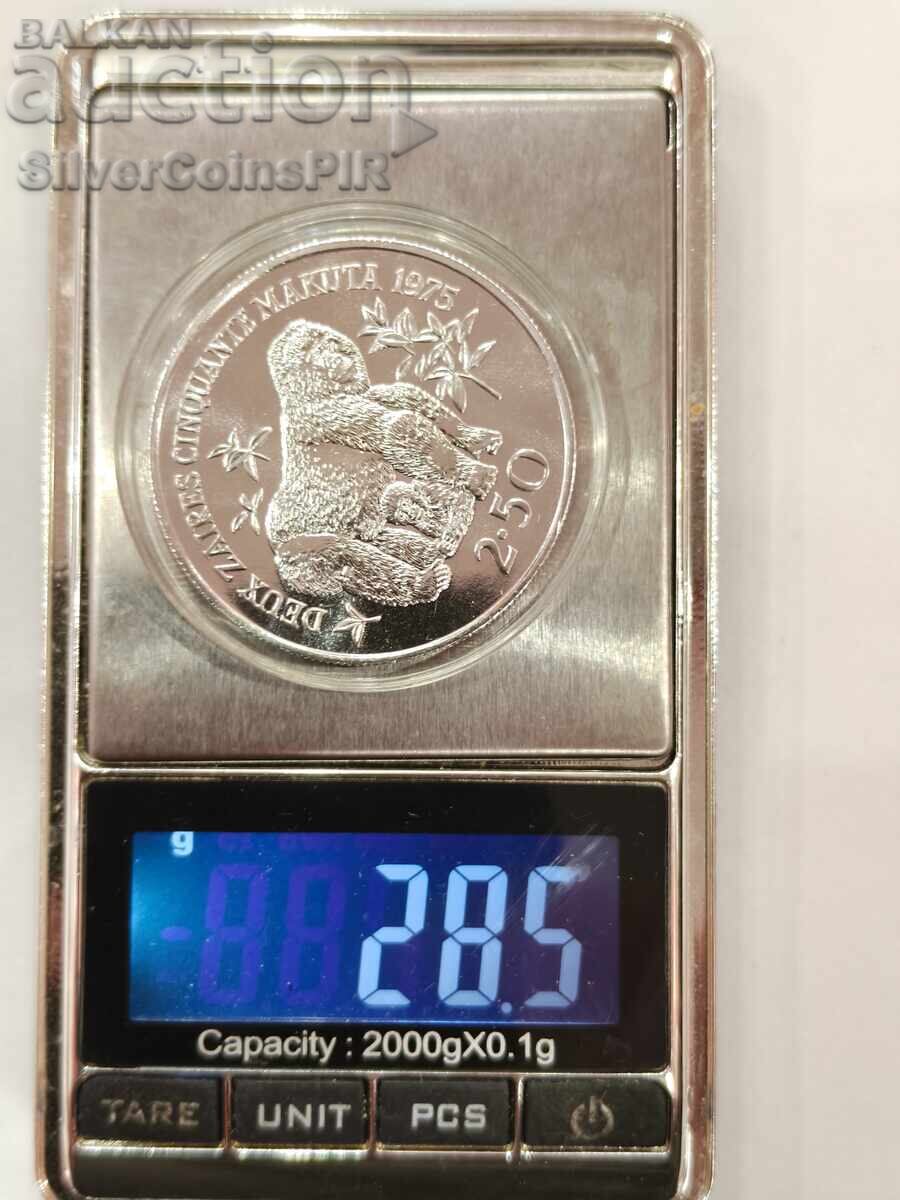 Ασήμι BU 2.5 Ζαΐρ Γορίλας 1975 Ζαΐρ Απειλούμενα Ζώα - 5