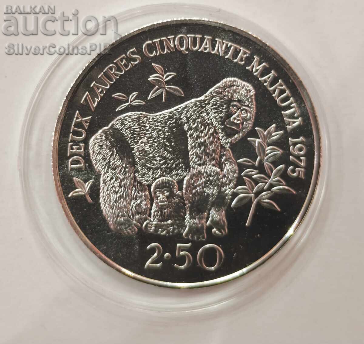 Ασήμι BU 2.5 Ζαΐρ Γορίλας 1975 Ζαΐρ Απειλούμενα Ζώα