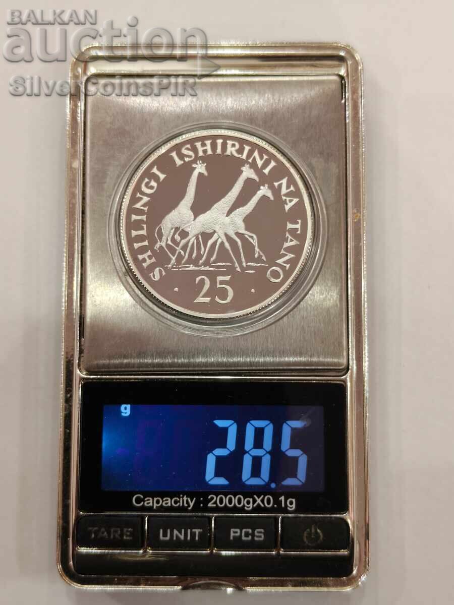 Argint 25 Șilingi Girafă 1974 Tanzania Animale pe cale de dispariție - 5