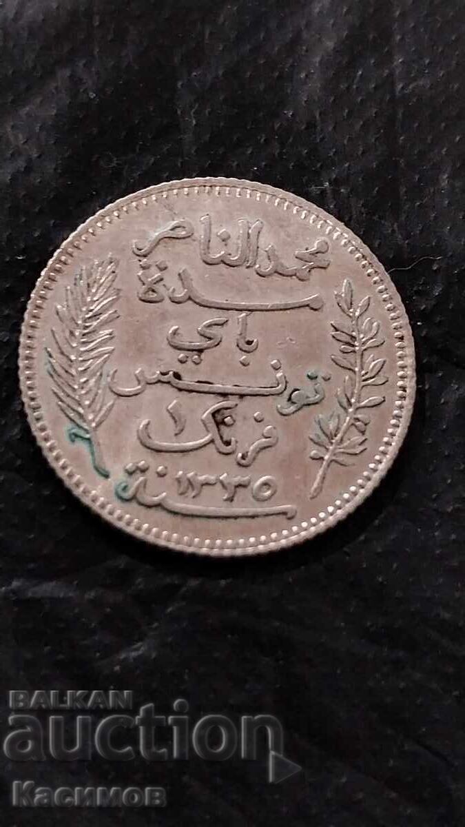 Стара рядка Сребърна монета от Тунис 1 Франка 1916 година