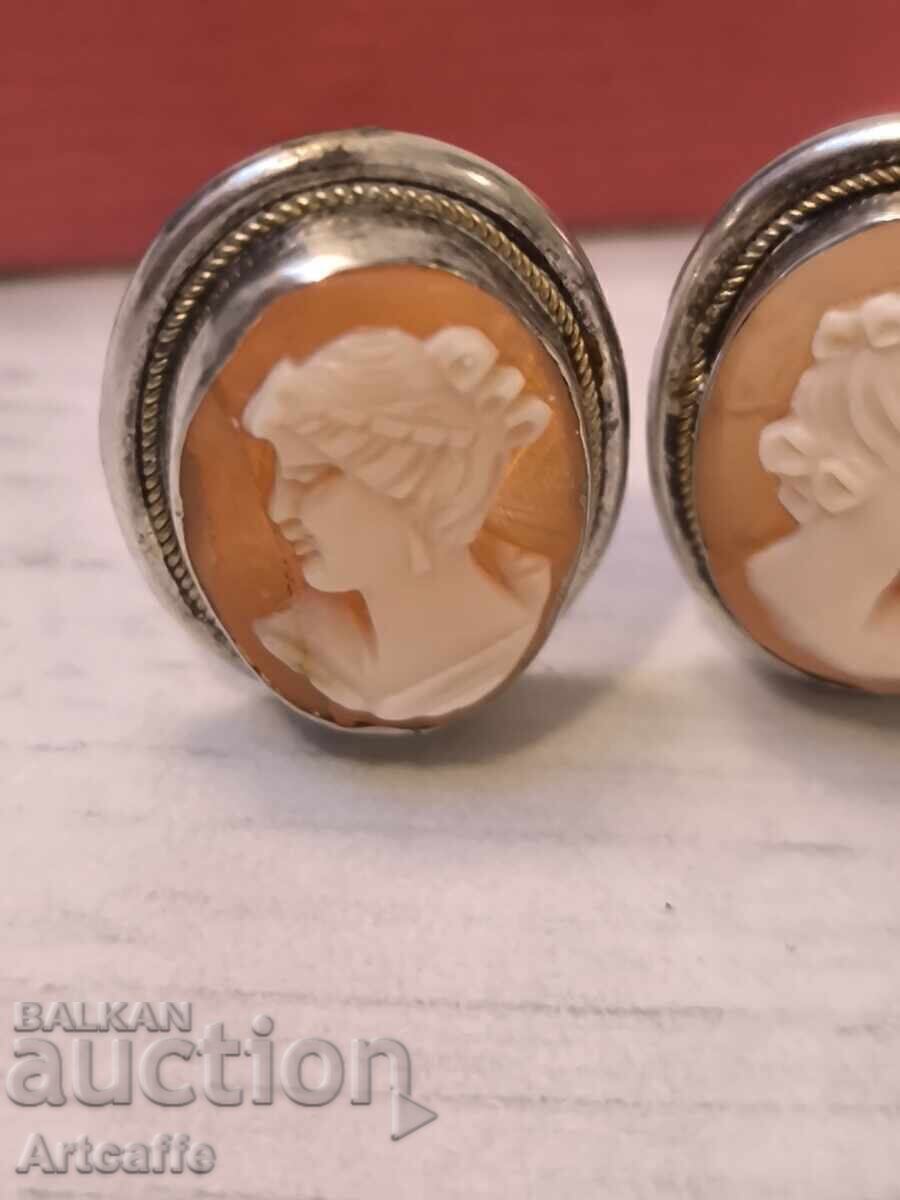 Αντίκες σκουλαρίκια για αυτιά ασήμι 800 Καμέο - 6