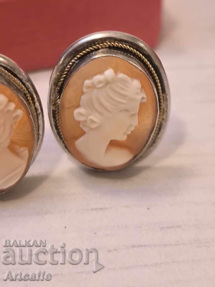 Αντίκες σκουλαρίκια για αυτιά ασήμι 800 Καμέο - 7