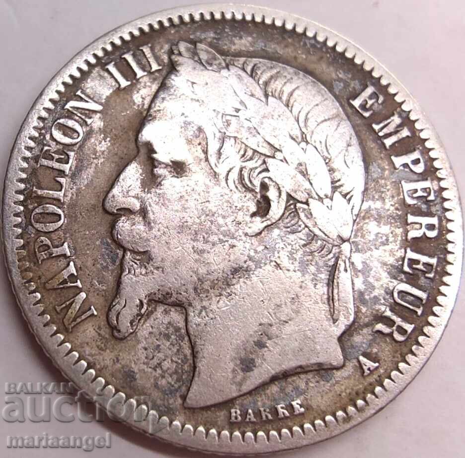 Licitație 1 Franc 1867 Franța Napoleon al III-lea argint Patină Licitație 1 Franc 1867 Franța Napoleon al III-lea argint Patină