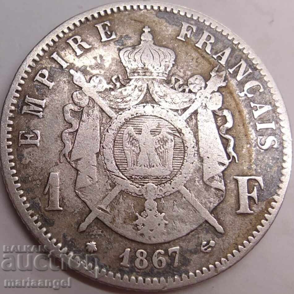 Livrarea 1 Franc 1867 Franța Napoleon al III-lea argint Patină Livrarea 1 Franc 1867 Franța Napoleon al III-lea argint Patină