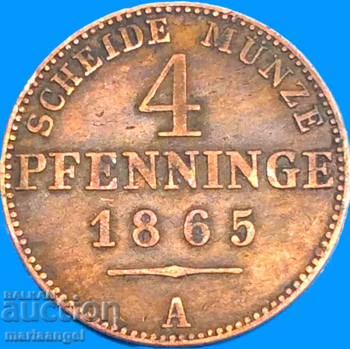 4 Pfennig 1865 Prussia Germany Large Copper - Rare - 5