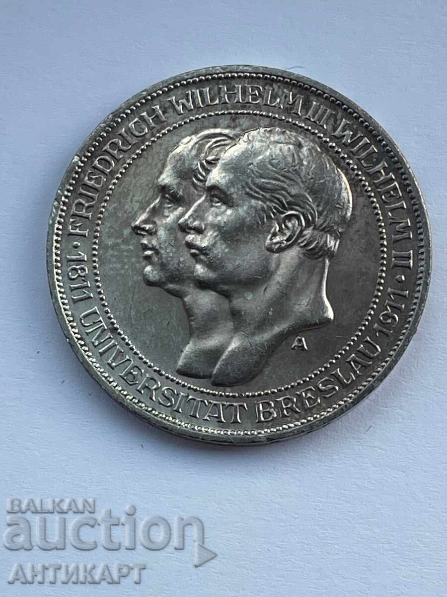 3 mărci argint 1911 Prusia Universitatea Breslau Germania