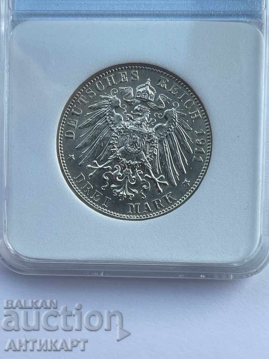 Доставка на сребърна монета 3 марки 1911 Германия  Wurttemberg MS-63