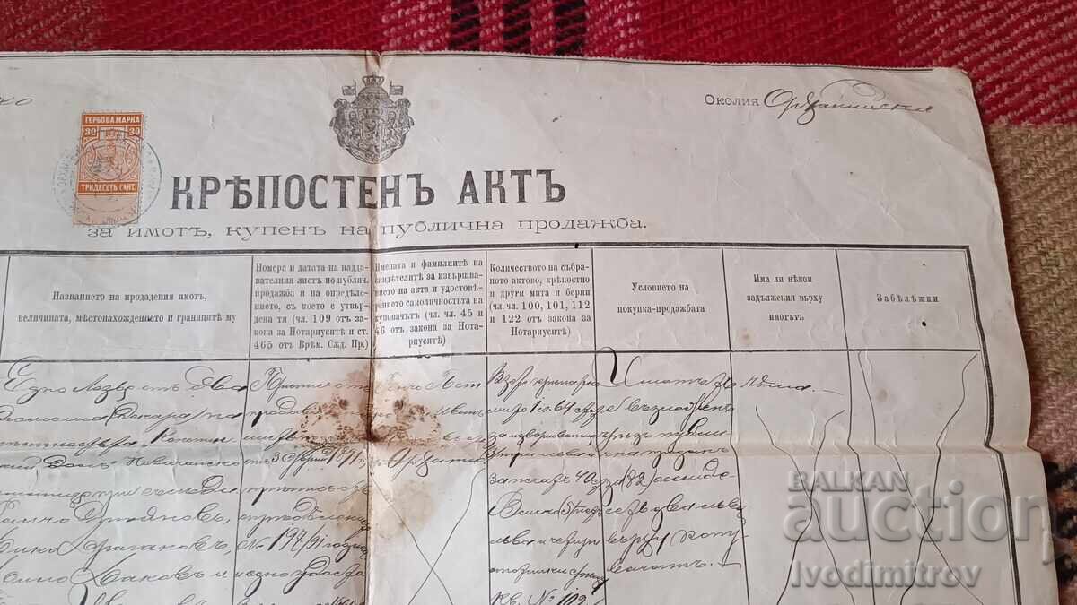 Доставка на Крепостенъ актъ Софийско окръжие, Орханийска околия 1892