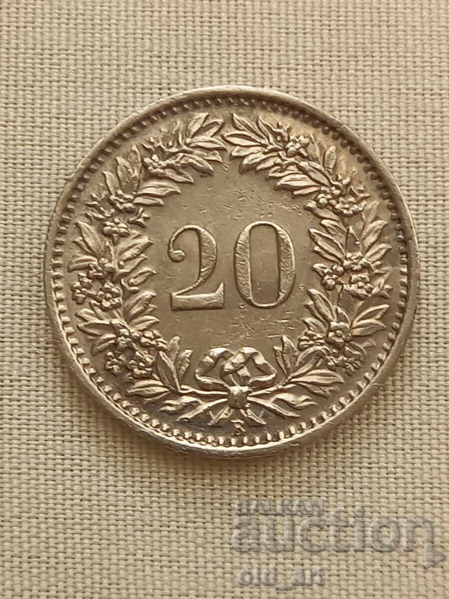 Монета - Швейцария, 20 рапен 1966 г. Монета - Швейцария, 20 рапен 1966 г.