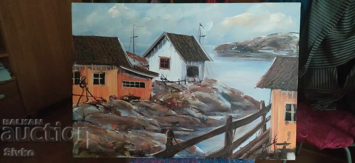 Картина Рибарско пристанище, масло, платно