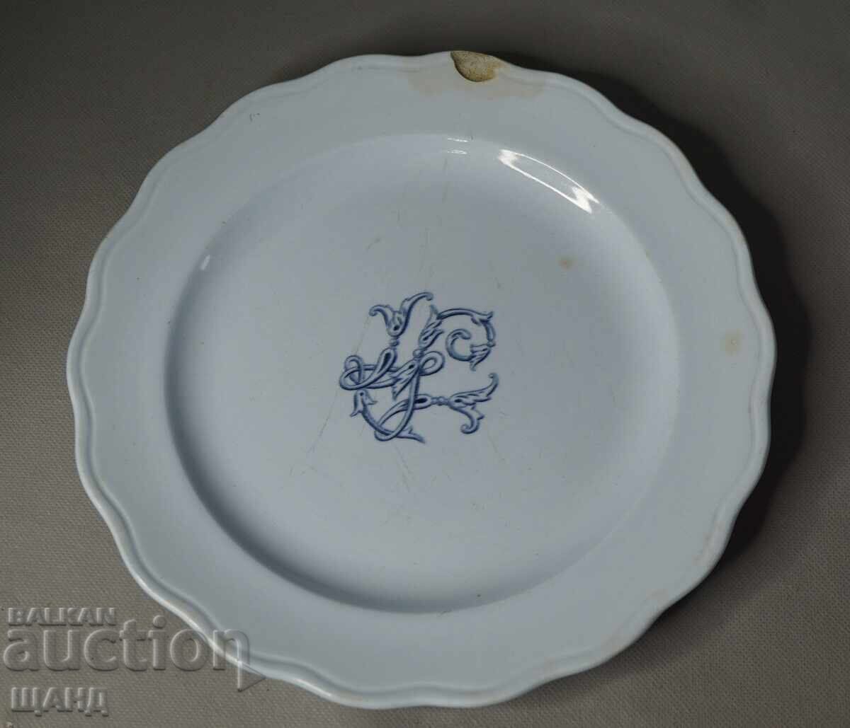 Farfurie ceramică franceză Sarreguemines 1900 cu monogramă