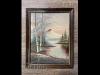 Tablou vintage cu ulei „Peisaj cu mesteceni și munți”