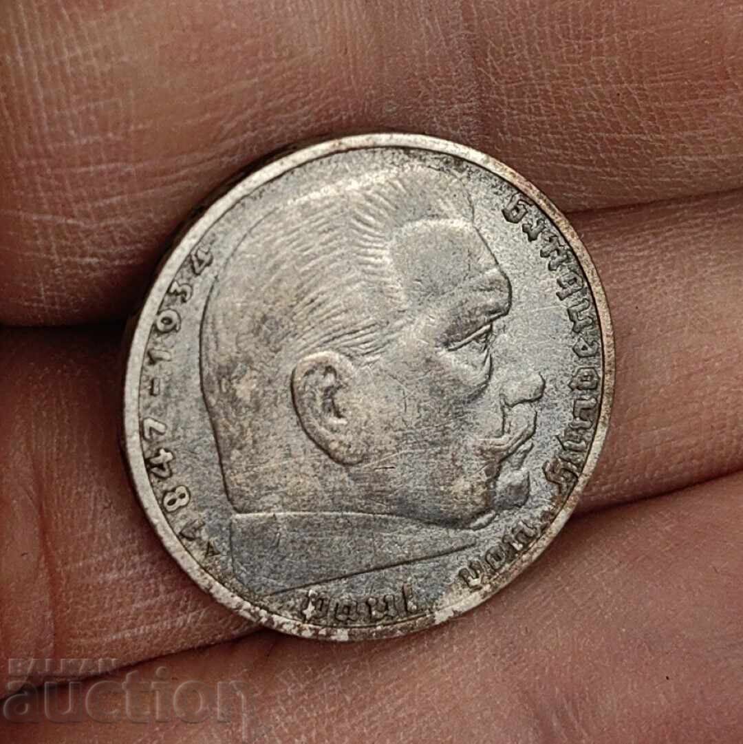 1937 2 REICHSMARK MONEDĂ EXCELENTĂ MARCI ARGINT SVASTICĂ - 5