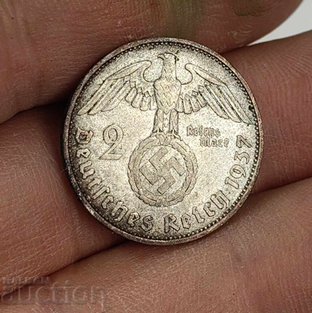 1937 2 REICHSMARK MONEDĂ EXCELENTĂ MARCI ARGINT SVASTICĂ