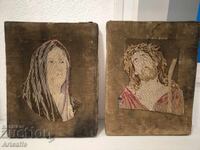 Αρχαία Θρησκευτικά Ταπισερί Ιησούς Χριστός και Παρθένος Μαρία