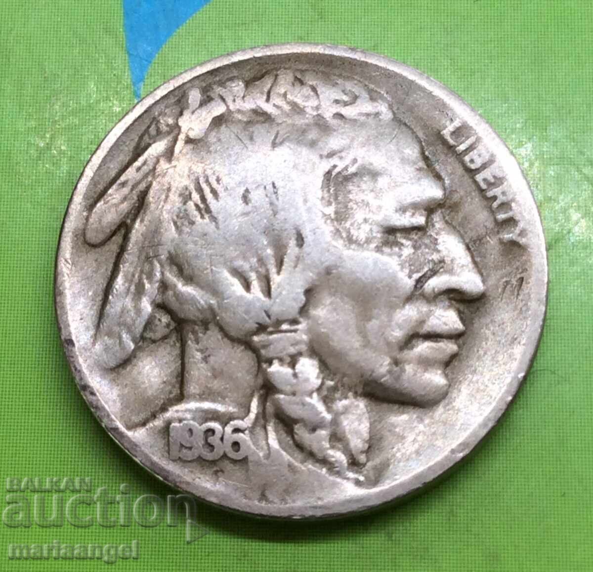 USA 5 Cents 1936 F Buffalo Nickel - 5