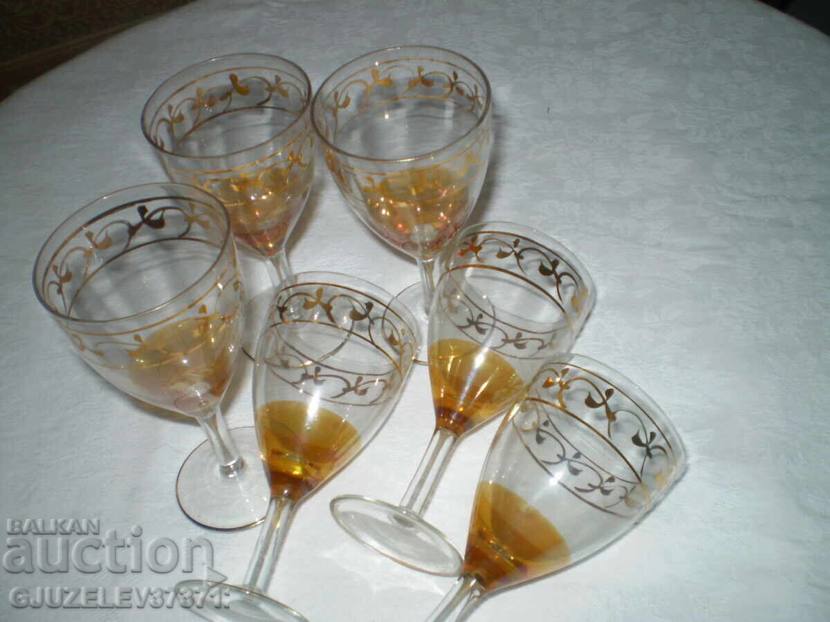 Ретро комплект от 6 двуцветно стъкло чаши с позлата - 7