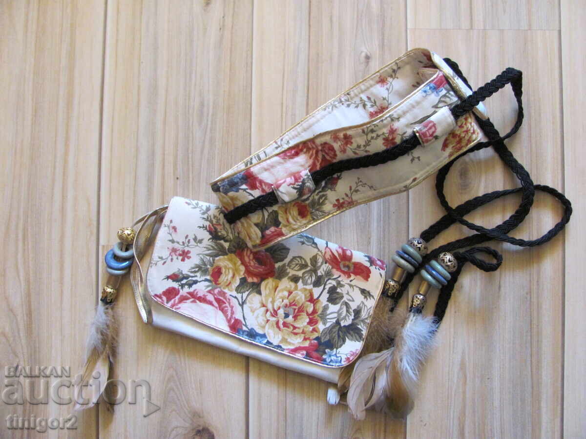 Дамска чанта и колан с мъниста и пера - 5