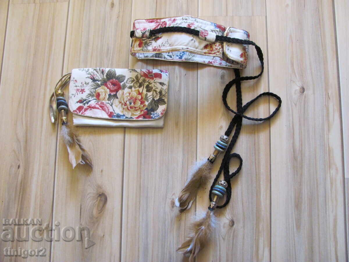 Дамска чанта и колан с мъниста и пера