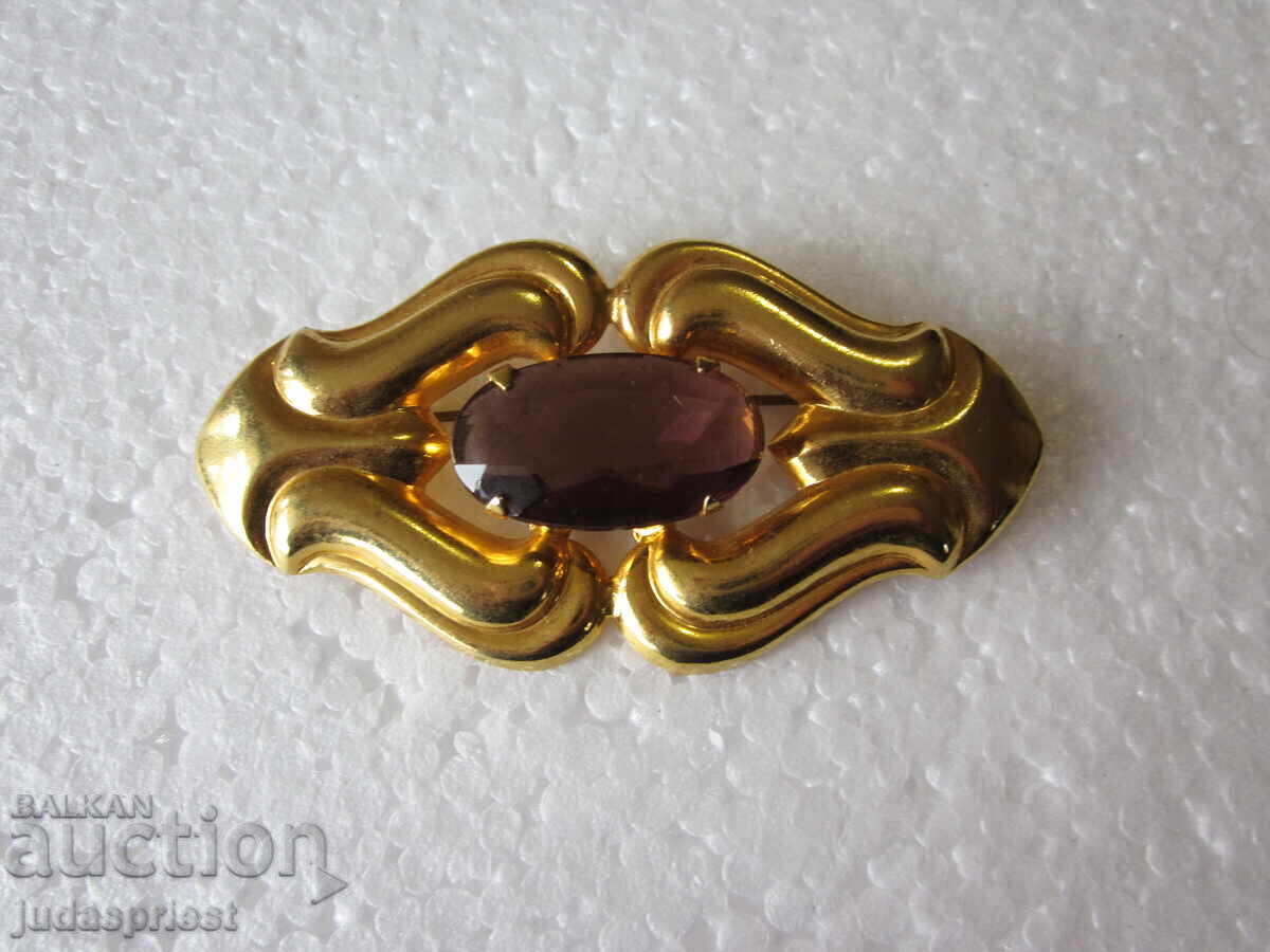 Broșă veche, mare, dublă, de damă, aurită, bijuterie