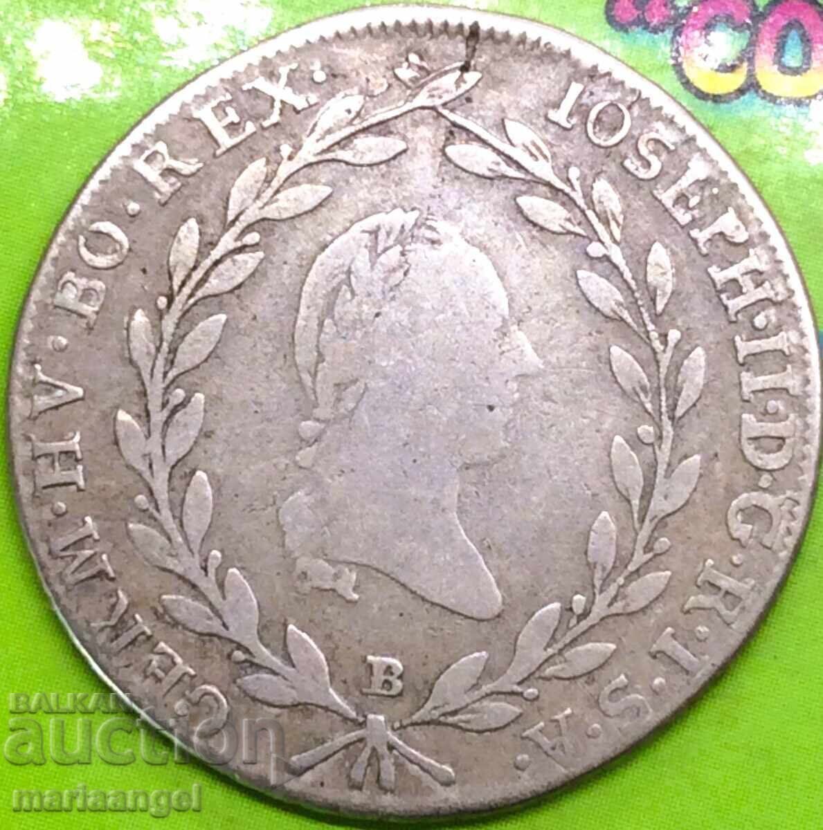Livrarea 20 kreĭtseri 1787 Austria B - Kremnitz Iosif al II-lea argint