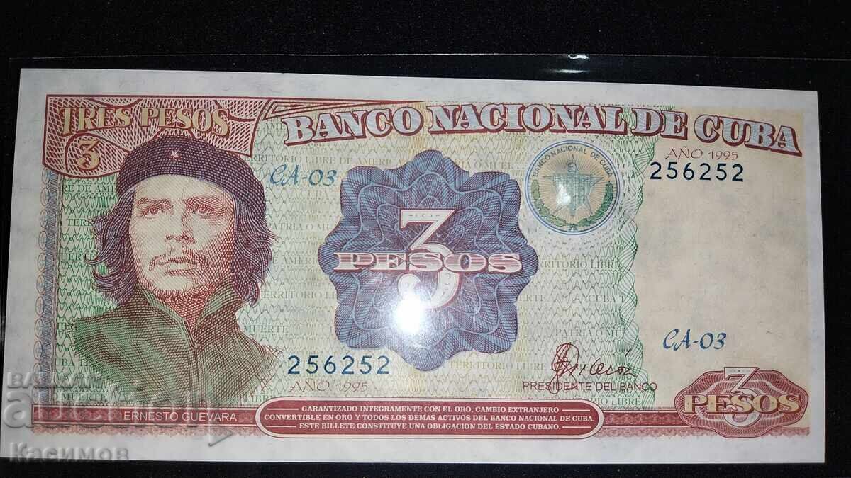 UNC. Стара рядка банкнота от Куба 3 Песос 1995 година