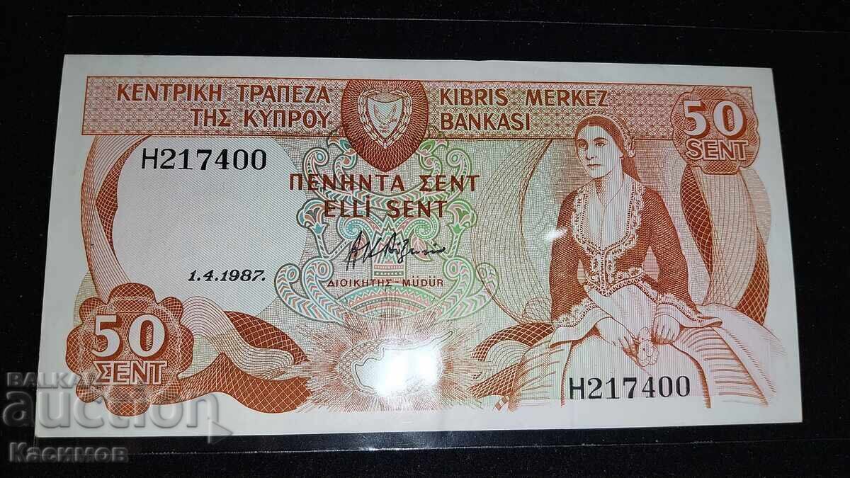UNC. Bancnotă veche de colecție din Cipru 50 Cenți 1987