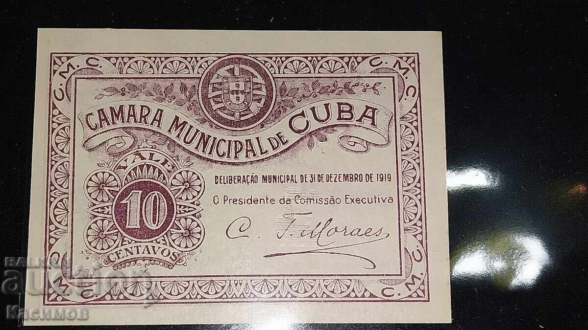 UNC. Bancnotă veche de colecție din Cuba 10 Centavos 1919