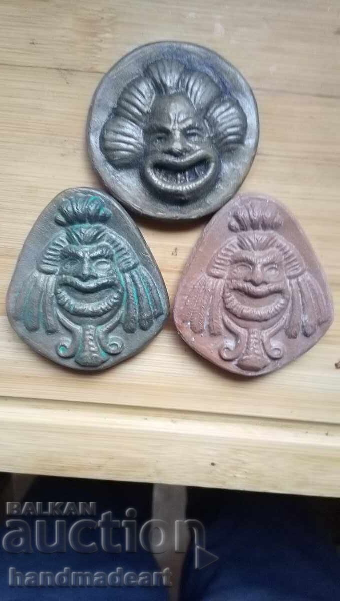 Three Ceramic Refrigerator Magnets - GREEK THEATRICAL MASKS