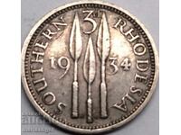 3 Pence 1934 Rhodesia de Sud George V argint