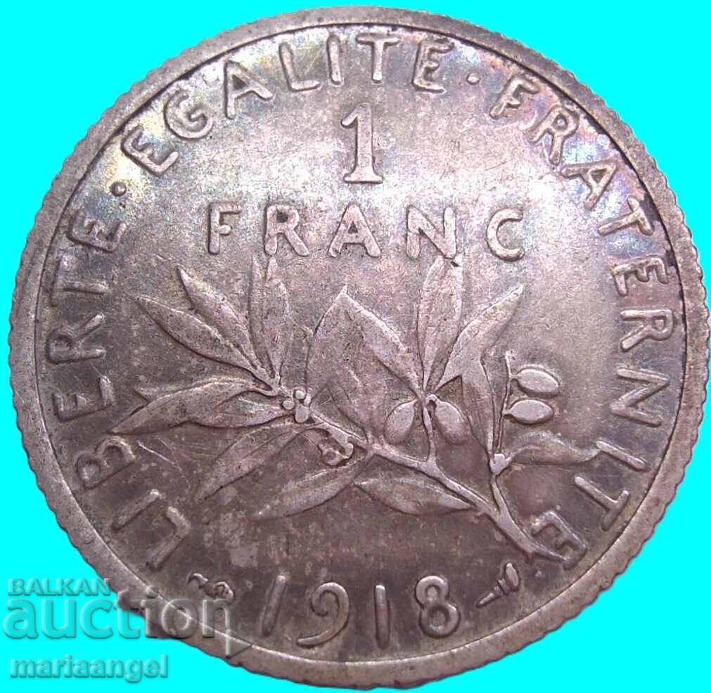 Γαλλία 1 Φράγκο 1918 ασήμι Πατίνα - 5