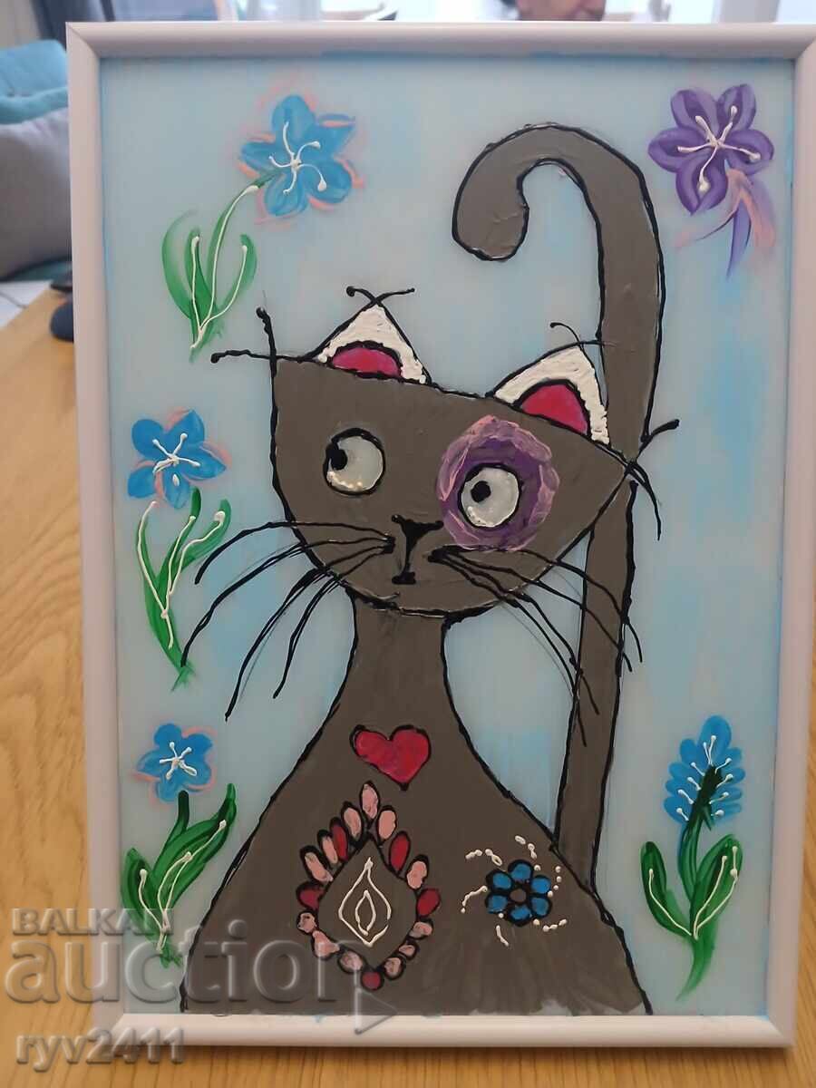 Tablou pictat manual pe sticlă PISICA SIRMA