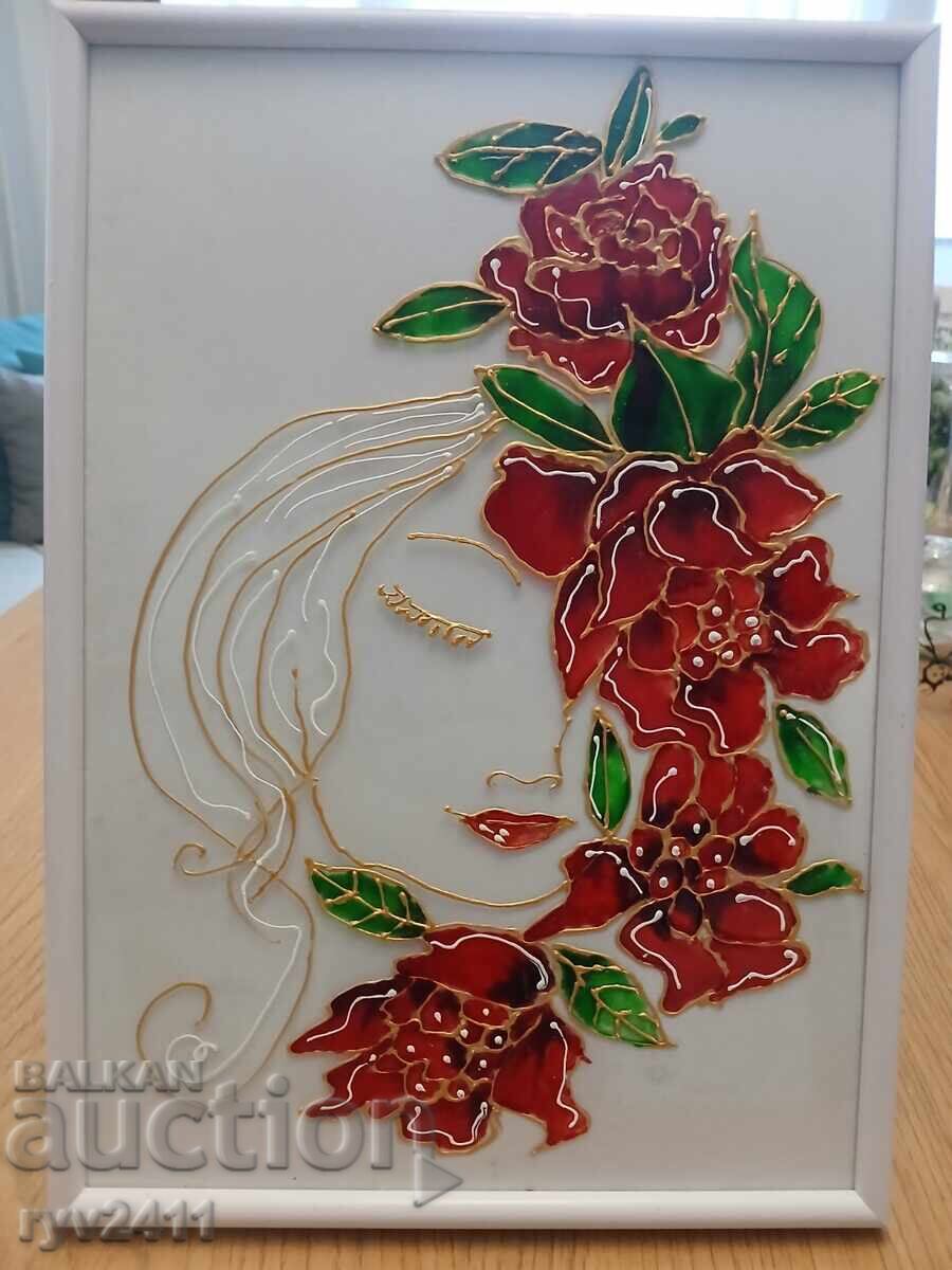 Rychno risuvana  Kartina na styklo WOMAN IN ROSE