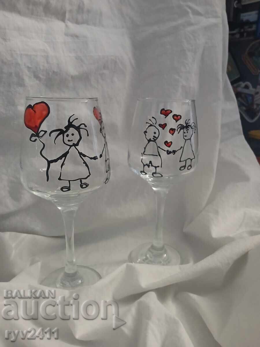 Δημοπρασία Χειροποίητες ζωγραφιστές κούπες κρασιού Εκείνη και Εκείνος ❤️