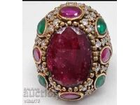 Huge solid silver ring with rubies and emeralds