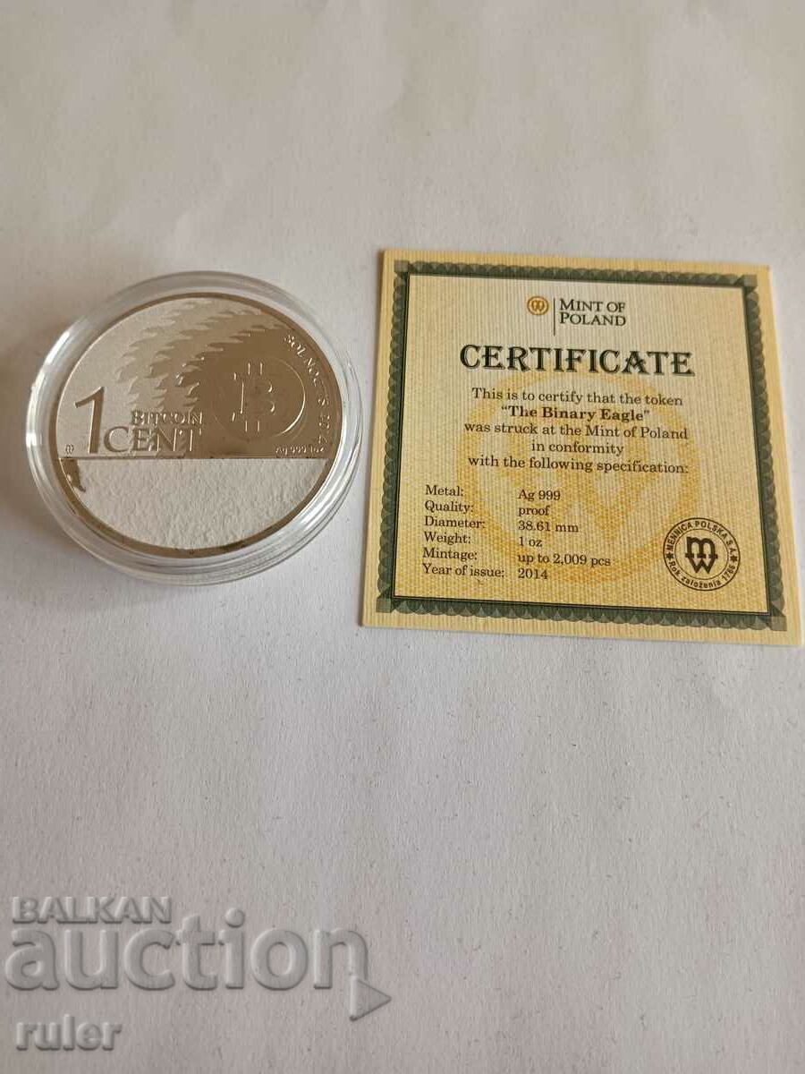 1 Bitcoin Cent Binary Eagle Argint 1 oz. 2014 cu preț € 140.00 | 273.82 BGN